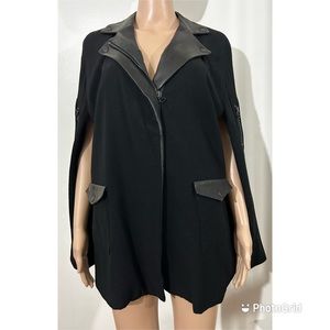 Sea New York wool cape with genuine leather trim. Collar with zip front.